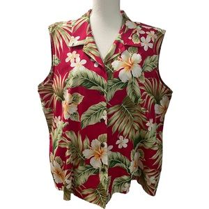 Vintage Bishop St. Red Floral Hawaiian Print Sleeveless Top 3X